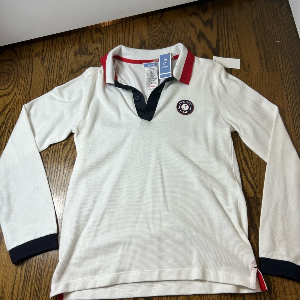 BRAND NEW Jacadi White Long Sleeve Polo Shirt with Red and Black Accents